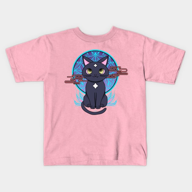 Cute anime black cat illustration with white stars. Cyberpunk manga cat. Kids T-Shirt by ChrisiMM